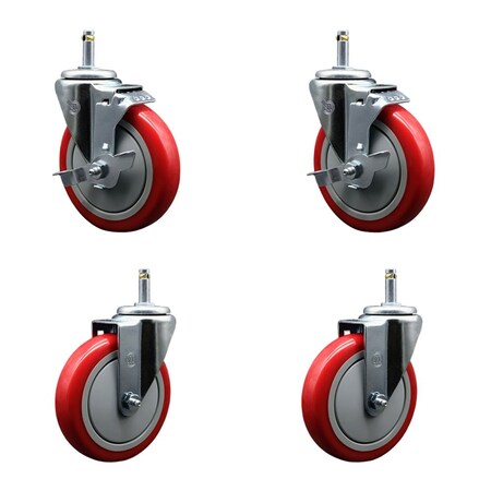 Service Caster 5'' Red Poly Wheel Swivel 7/16'' Grip Ring Stem Caster Set 2 Brakes, 4PK SCC-GR20S514-PPUB-RED-TLB-716138-2S2